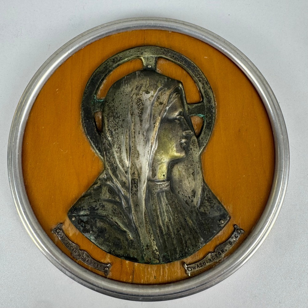 Vtg Franciscan Monastery Washington DC Virgin Mary Wood Metal Wall Plaque 7.5"